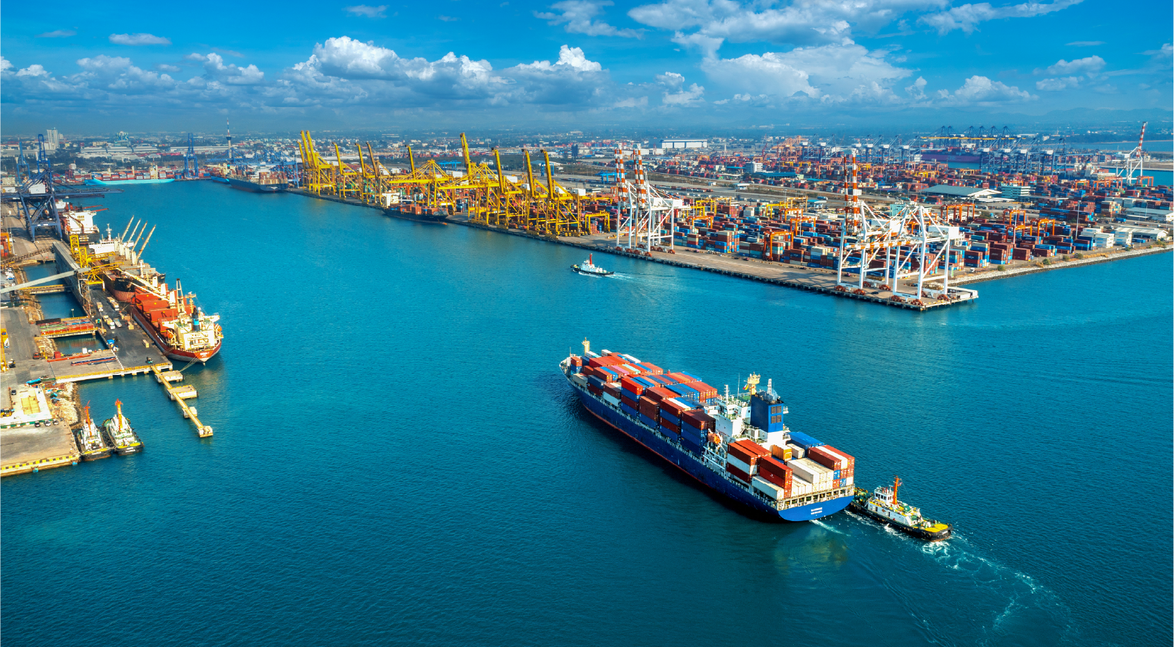 Air, sea, and ground freight operations at an international logistics hub